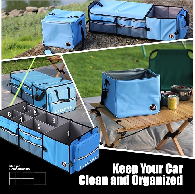 LIBZAKI Oversize 4 in 1 Car Trunk Storage Organizer, Multi Compartment Collapsible Trunk Storage Box with Cooler Bag for Car