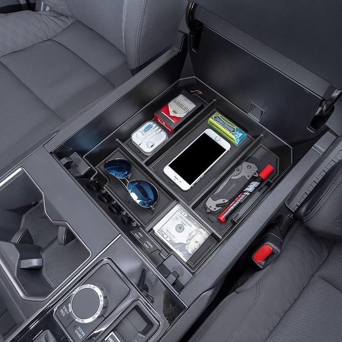 JDMCAR Center Console Organizer Compatible with 2022-2025 2026 Toyota Tundra Accessories and 2023-2026 toyota sequoia Armrest Secondary Storage Box ABS Material with Non-Slip Mats (Black Trim)
