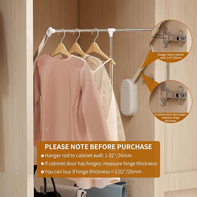 Pull Down Closet Rod White, Adjustable 33-45 inches Side Mounted Closet Rod, Two-way Buffering 60 lbs Heavy Duty Wardrobe Lif