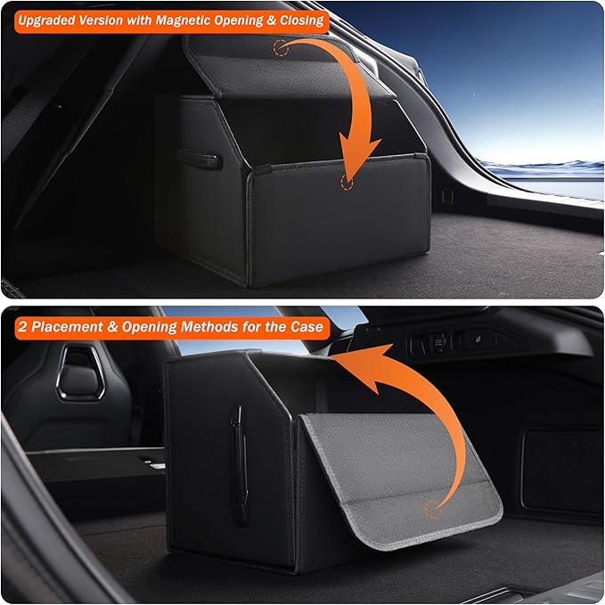 Trunk Organizer,car organizers and storage,black Leather Storage Box with lid,Fiberboard,Collapsible,15''L x 13''W x 12.4''H,2K