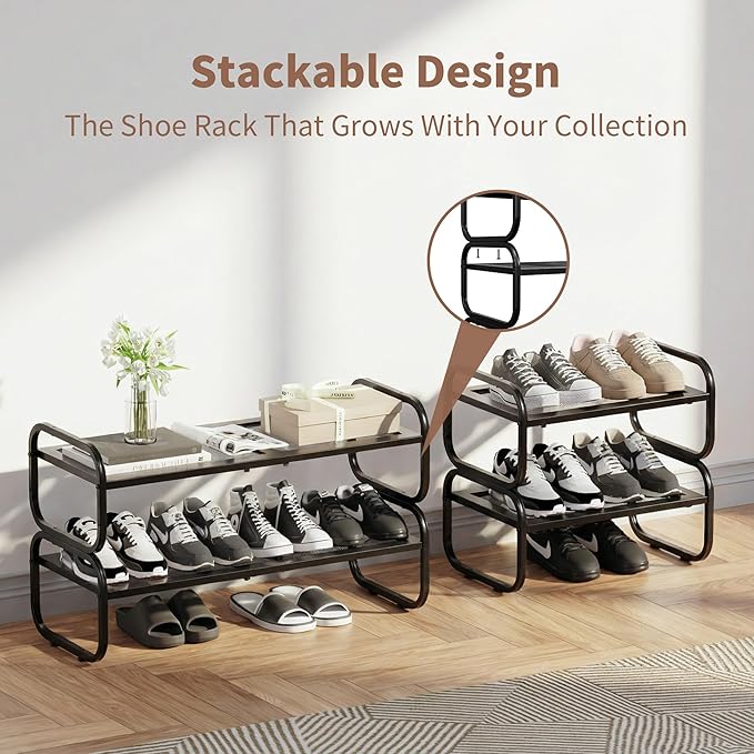 2 Tier Shoe Rack - Expandable Shoe Organizer for Closet, Adjustable Metal Shoe Shelf Storage, Stackable Long Shoe Stand Holde
