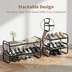 2 Tier Shoe Rack - Expandable Shoe Organizer for Closet, Adjustable Metal Shoe Shelf Storage, Stackable Long Shoe Stand Holde