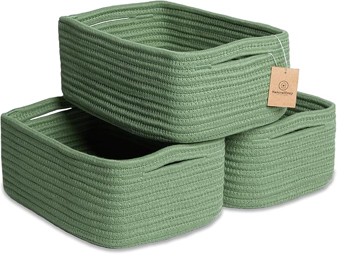 NaturalCozy 11.8"x8"x4.5” Rectangle Storage Baskets for Shelves 3 Pack | Cotton Rope Woven Small Baskets for Organizing | Sma