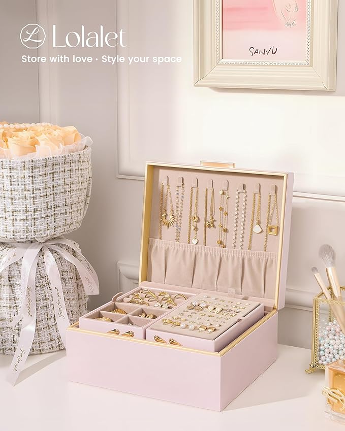 Lolalet Jewelry Box Organizer for Women Girls, 2 Layer Jewelry Organizers and Storage for Necklace Earrings Rings Bracelets, 