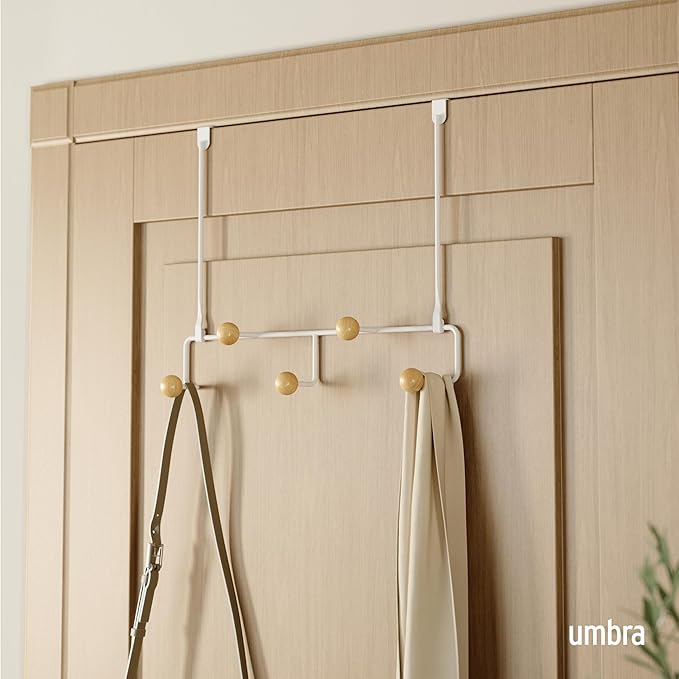 Umbra Estique Over The Door Coat Rack & Multi-Use Organizer, for Coats, Bags, Hats & More, Small, White/Natural