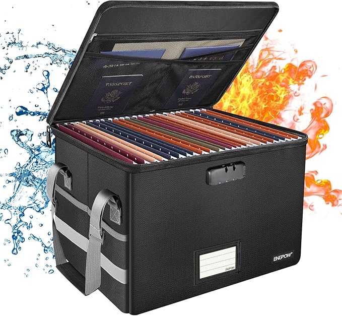 ENGPOW File Box with Lock,Fireproof Document Box with Zipper＆Pockets,Collapsible File Organizer Filing Storage Cabinet with H