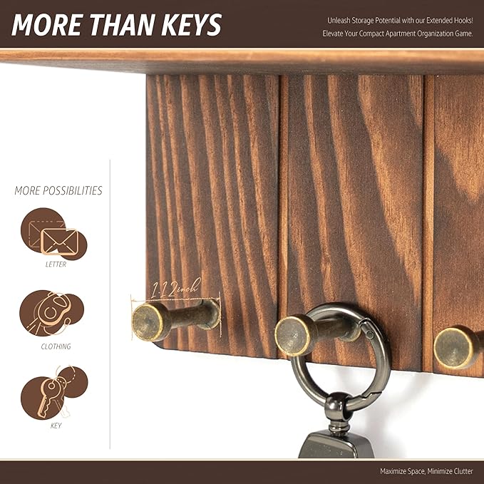 Rebee Vision Pine Wood Farmhouse Key Holder Wall Mount - Small Key Holder for Wall with 4 Hooks & Floating Shelf - Rustic Let