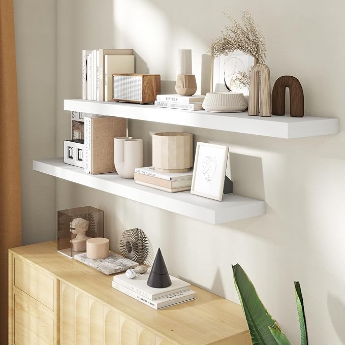 55 Inch Floating Shelves for Wall, 8 Inch Deep Floating Shelf for Storage & Display, Rustic Wall Mounted Shelf with Invisible