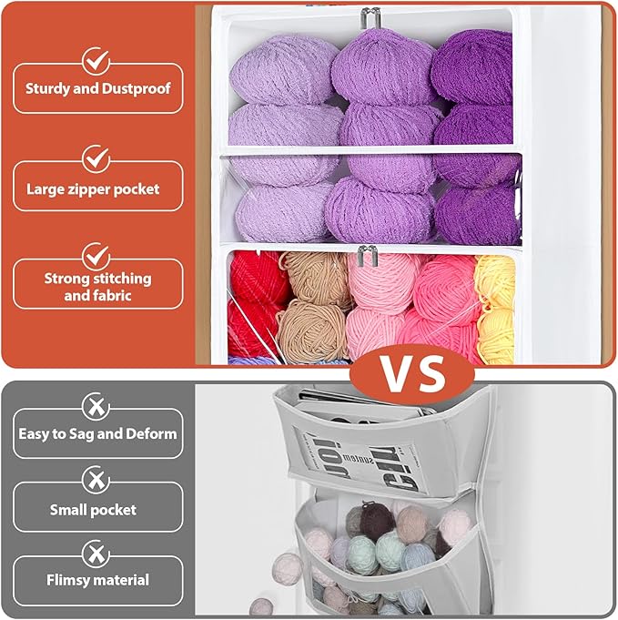 Univivi Hanging Yarn Storage Organizer with 5 Zipper Closure Compartments, Large Capacity Knitting Organizer Storage, Over th