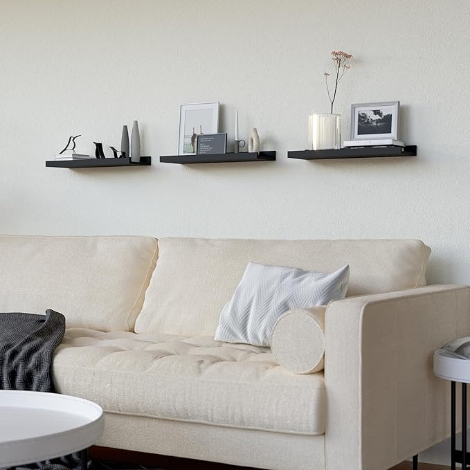 RICHER HOUSE 3 Set Floating Shelves for Wall, 16 inches Black Wall Mounted Shelves with Lip for Storage, Display Picture Ledg