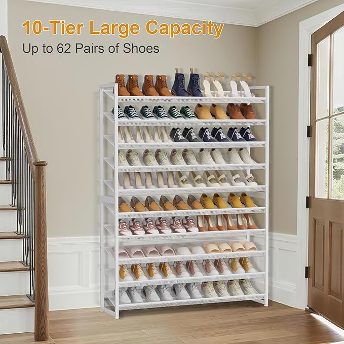 Large Shoe Rack 10 Tier Shoe Organizer, Heavy Duty Metal 5-Tier Stackable Shoe Storage Vertical Shoe Rack for Closet Front Do