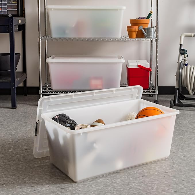 IRIS USA 91 Qt Stackable Plastic Storage Bins with Lids, 4 Pack - BPA-Free, Discreet Organizing Solution, Latches, Durable Ne