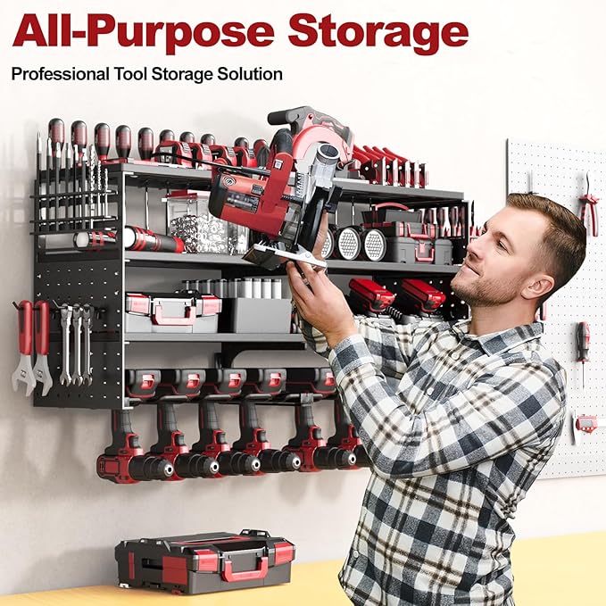 4 Tier Power Tool Organizer Wall Mount, 8 Cordless Drill Holders, 320LBS Heavy Duty Power Tool Storage Rack, Holds 50+ Tools 