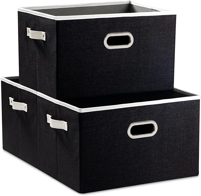 PRANDOM Larger Collapsible Storage Bins for Closet [3-pack] Decorative Linen Fabric Storage Baskets Cubes with Leather/Metal 
