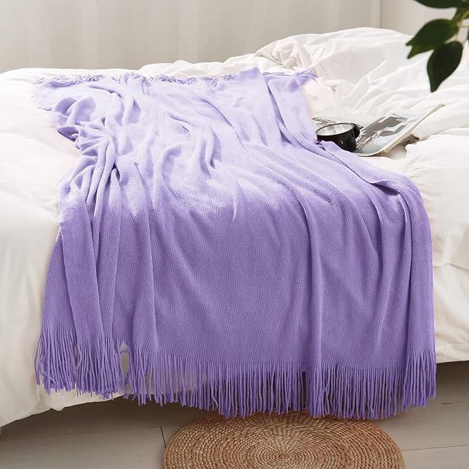 Homiest Decorative Knitted Throw Blanket with Fringe, Lightweight Acrylic Knit, Soft & Cozy Tassel Blanket for Couch, Sofa, B