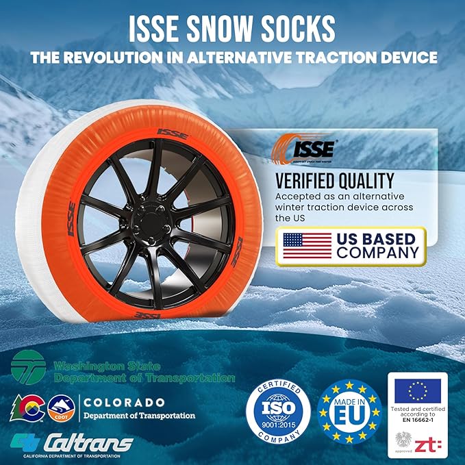 ISSE Super Snow Socks for Tires. Designed for All Tire Brands. Textile Chain Replacement for Optimal Traction in Snow & Ice. 