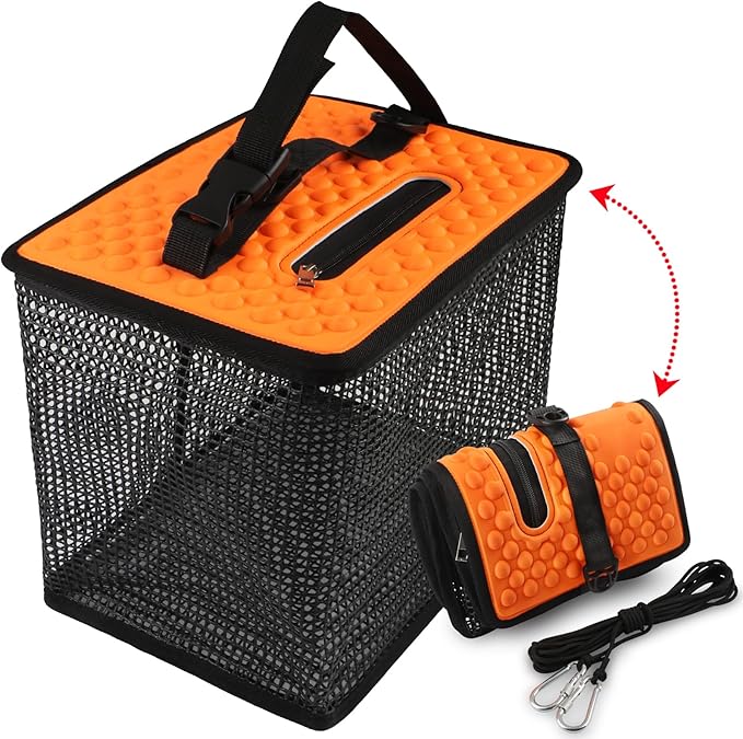 Dovesun Floating Fishing Basket, Collapsible Fish Basket Portable Fishing Net Quick-Drying Rubber Coated Fishing Bait Storage