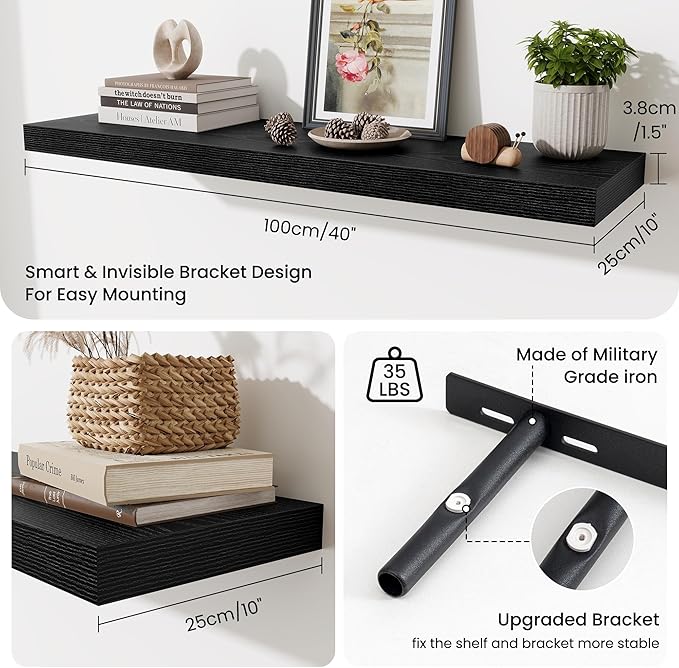 Fun Memories Floating Shelves Set of 2, 40 Inch Long Wooden Wall Shelves, 10 Inch Deep Wall Mounted Storage Shelf with Metal 