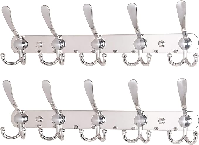 Dseap Wall Mounted Coat Rack - 5 Tri Hooks, Heavy Duty, Stainless Steel, Metal Coat Hook Rail for Coat Hat Towel Purse Robes 