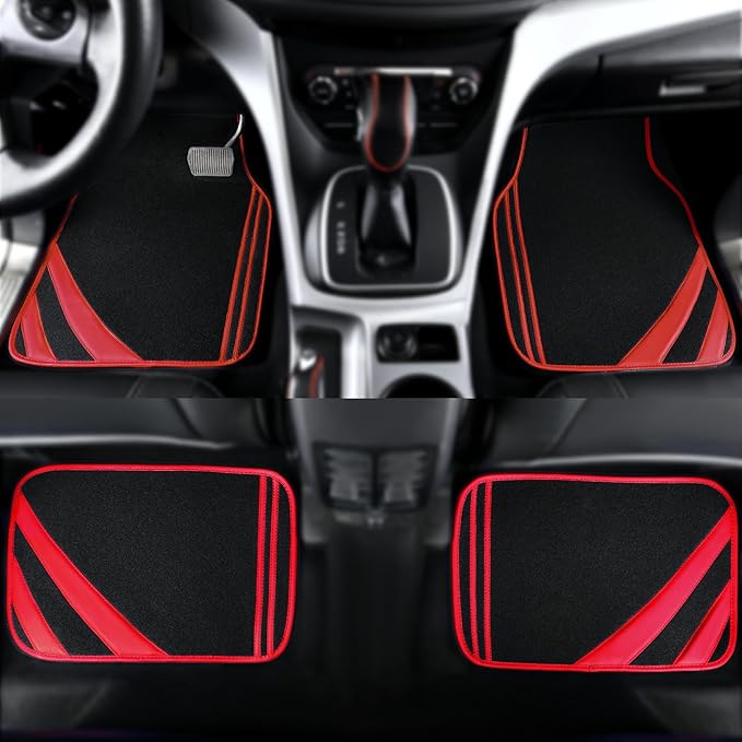 CAR PASS Red Edge Leather Car Floor Mats, Universal Waterproof Car Mats with Double Stitch Line and Anti-Slip Backing Design,