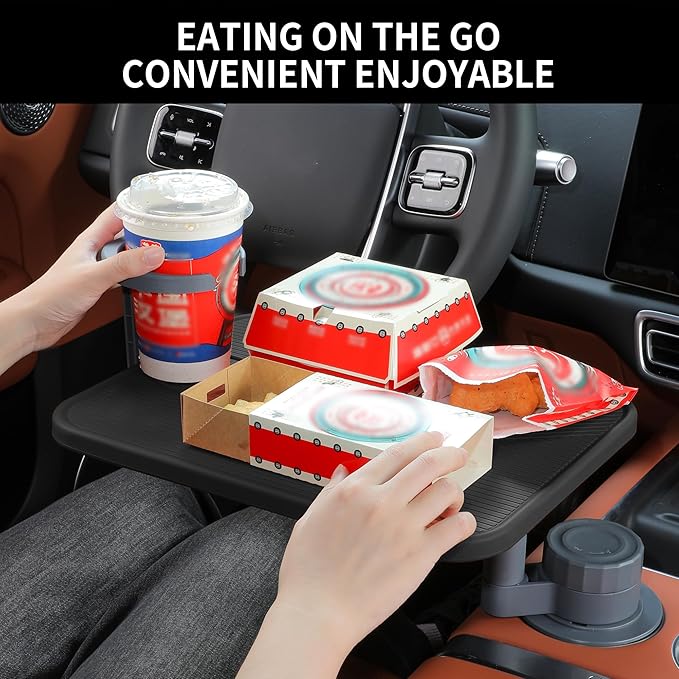 Car Tray & Car Desk for Laptop, 360° Rotating Wood Cup Holder Table,Aluminum Cantilever Laptop Mount for Vehicle,Steering Wheel Tray,Fits for Tesla Model Y/3/S,Camry Forester F150 Tundra&Most Vehicles