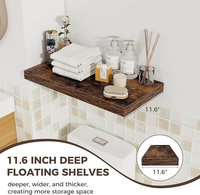 Fun Memories 24 x 12 Inch Deep Floating Shelves, 12 Inch Deep Rustic Wooden Book Shelf, Extra Deeper & Thicker Hanging Shelve