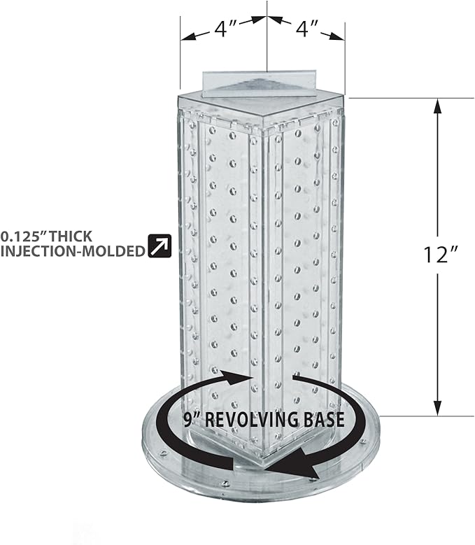 Azar Displays 700220-CLR-2C16 Four-Sided 4”W x 12” Revolving Pegboard Tower Kit Counter Display with 16-Pack of 2 inch Lockin
