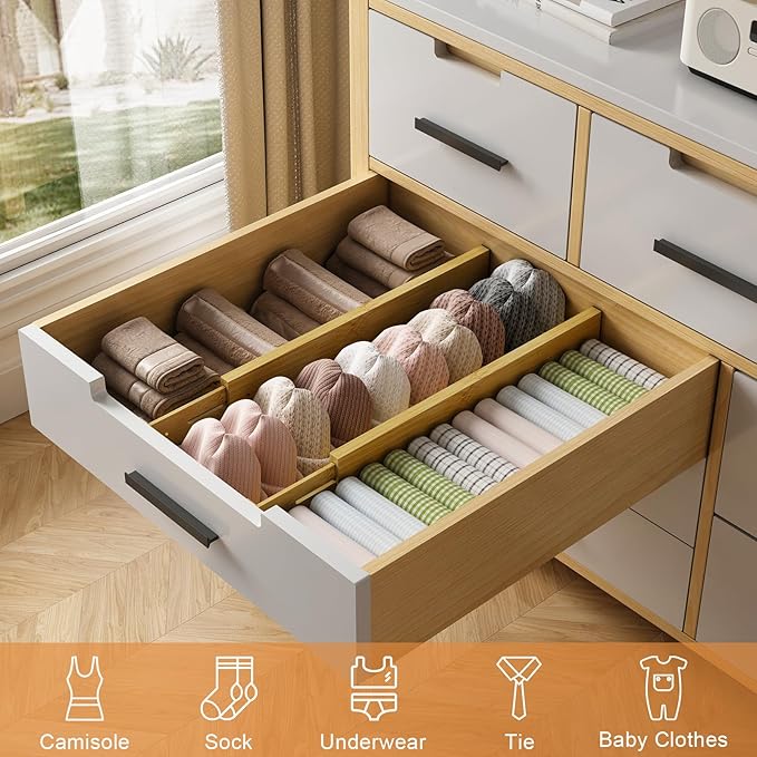 Bamboo Drawer Dividers,17-22" Adjustable Kitchen Drawer Organizer for Clothes,8 Pack Expandable Drawer Organization Separator