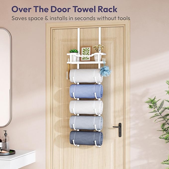 SWTYMIKI Over the Door Towel Rack - 6 Tier Towel Racks for Bathroom Wall Mounted, Towel Holder with Shelf, Hanging Rolled Tow