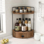 2-Tier Corner Bathroom Counter Organizer with Drawer & Embedded Screw Holes - Wooden Countertop Organizers for Skincare, Make