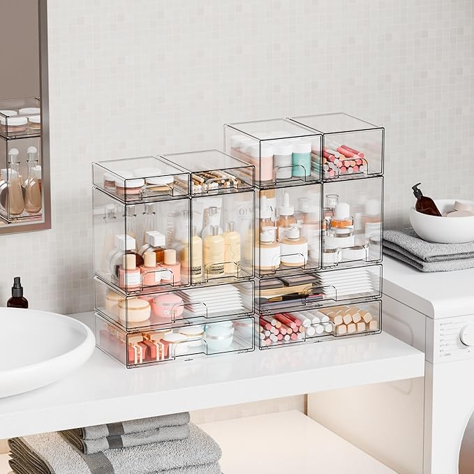 Yieach 12.1''W Clear Stackable Storage Drawers,2 Pack Acrylic Drawer Organizer for Hair Accessories,Makeup Organizers,Plastic