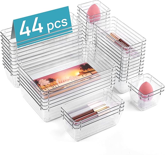 Vtopmart 44 PCS Clear Plastic Drawer Organizers Set, 4-Size Versatile Bathroom and Vanity Organizer Trays, Non-Slip Storage C