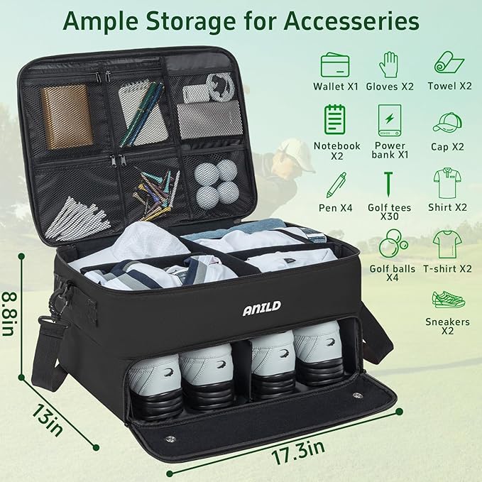 ANILD Golf Trunk Organizer, 2 Layer Golf Storage Case with Separate Ventilated Compartment for 2 Pair Shoes, for Balls, Tees,