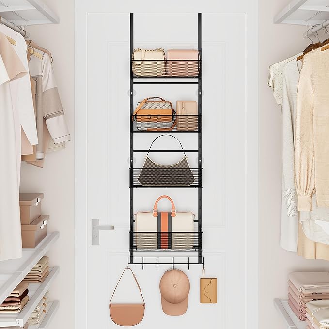 SWTYMIKI Over The Door Purse Organizer - Wall Mounted Purse Rack with 4 Adjustable Metal Basket and 6 Hooks, Hanging Bag Rack