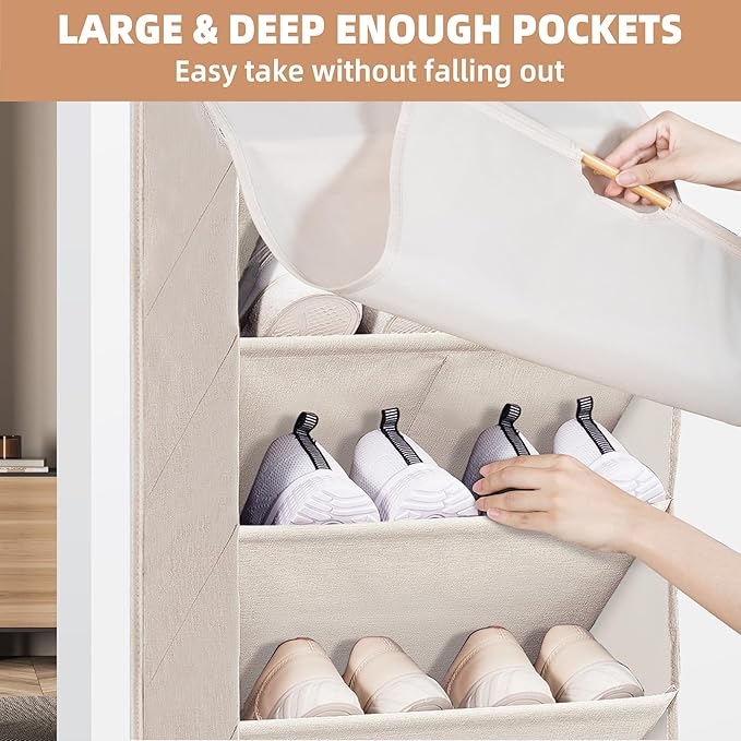 STORAGE MANIAC Over the Door Shoe Organizer with Curtain Dustproof Heavy-Duty Large Deep Pocket Hanging Shoe Organizer for Cl