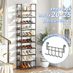 Simple Trending Tall Shoe Rack for Closet, 10 Tiers Narrow Shoe Shelf Holds 20 Pairs, Shoe Organizer Storage with Hooks, Blac