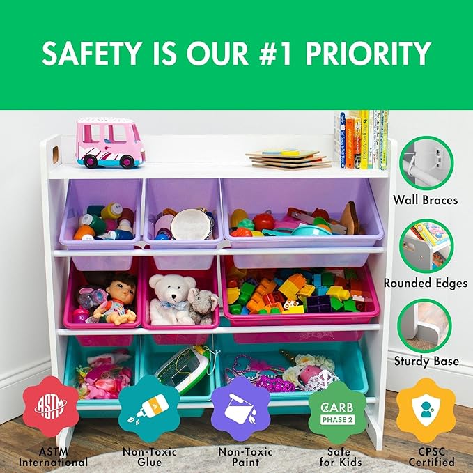 Humble Crew Toy Storage Organizer with 9 Removable Storage Bins for Kids Playroom, 3-Tier with Top Shelf Toddler Toy Organiza