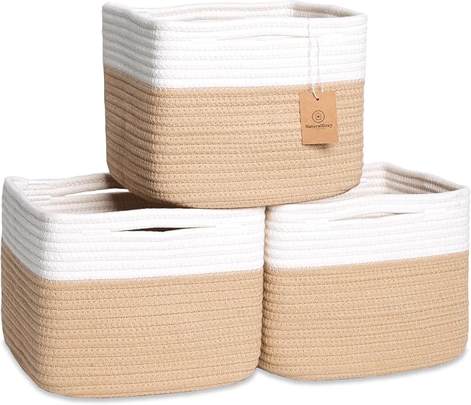 NaturalCozy Storage Cubes 9”x9”x7”Cotton Rope Woven Baskets for Organizing 3-Pack | 9 Inch Cube Storage Bin | Small Basket fo