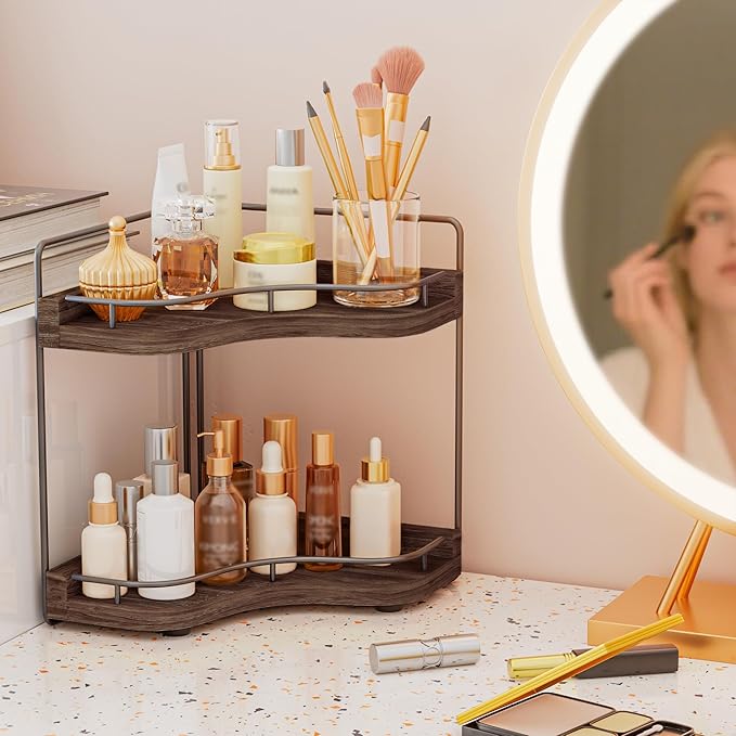 2-Tier Corner Bathroom Counter Organizer with Embedded Screw Holes, Secure & Stable Wood Vanity Shelf for Makeup and Skincare