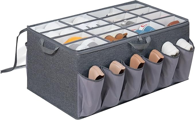 Shoe Organizer for Closet, Shoe Storage Solution with Clear Cover & Adjustable Dividers, Fabric Shoe Box Fits 16 +12 Pairs Sh