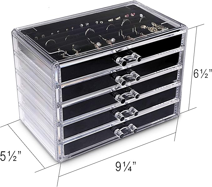 Frebeauty Extra Large Acrylic Jewelry Box for Women 5 Layers Clear Jewelry Organizer Velvet Earring Box with 5 Drawers Rings 