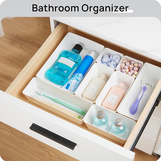 Vtopmart 44 PCS Plastic Drawer Organizers Set, 4-Size Versatile Bathroom and Vanity Organizer Trays, Non-Slip Storage Contain