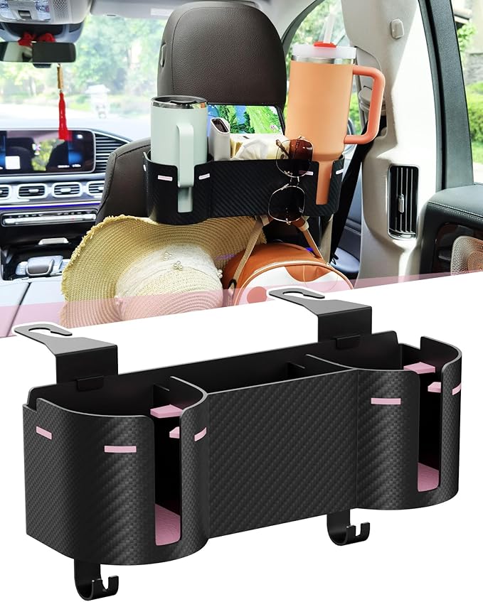 Car Headrest Backseat Cup Holder 3.7" with Organizer, High Capacity 4 in 1 Seat Back Organizer with Headrest Hooks, Multifunctional Storage for Car Travel Accessories Compatible with Most Vehicles