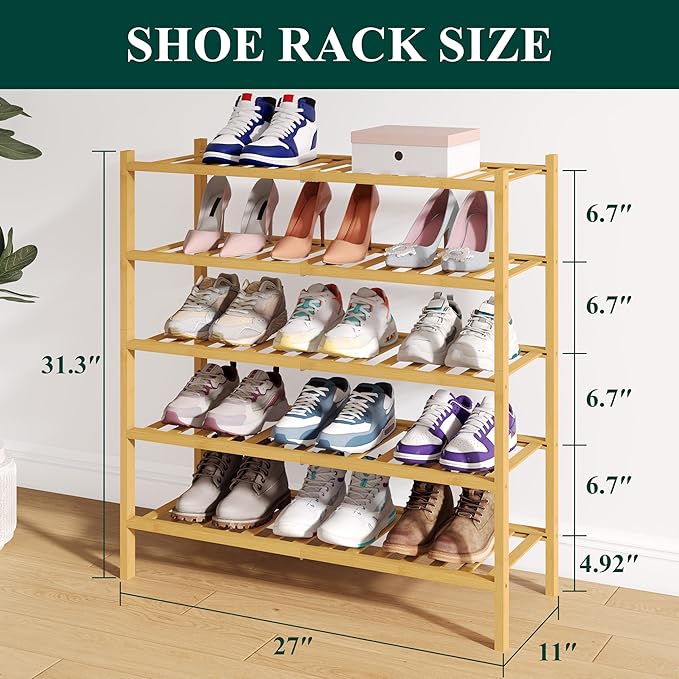 Smiry Bamboo Shoe Rack for Closet, 5 Tier Wooden Stackable Shoe Organizer, Free Standing Shoes Storage Shelf for Entryway, Fr