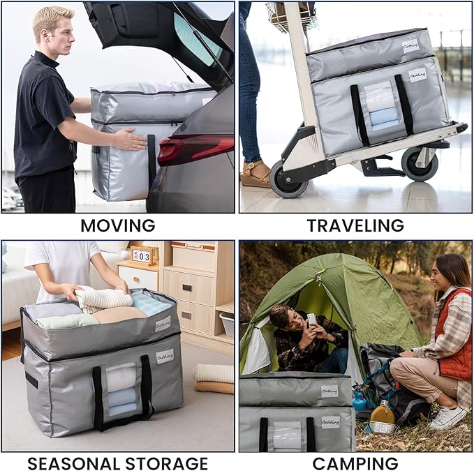TAILI 2 Tier Extra Large Moving Bags, 2 Pack Silver Heavy Duty Totes for Storage with Visible Window, Wrap Around Handles, St