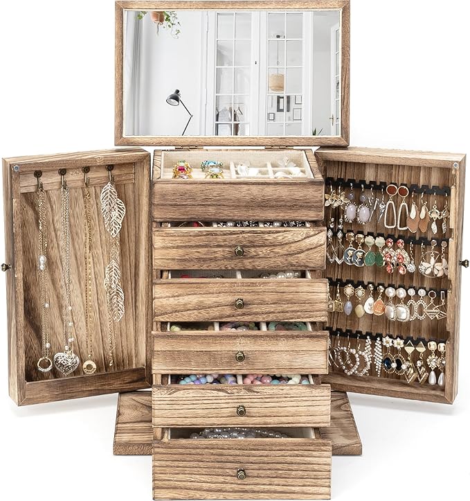 Emfogo Wooden Jewelry Box for Women, 6-Tier Large Jewelry Organizer Boxes with Mirror Rustic Solid Wood jewlery Storage Displ