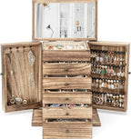 Emfogo Wooden Jewelry Box for Women, 6-Tier Large Jewelry Organizer Boxes with Mirror Rustic Solid Wood jewlery Storage Displ