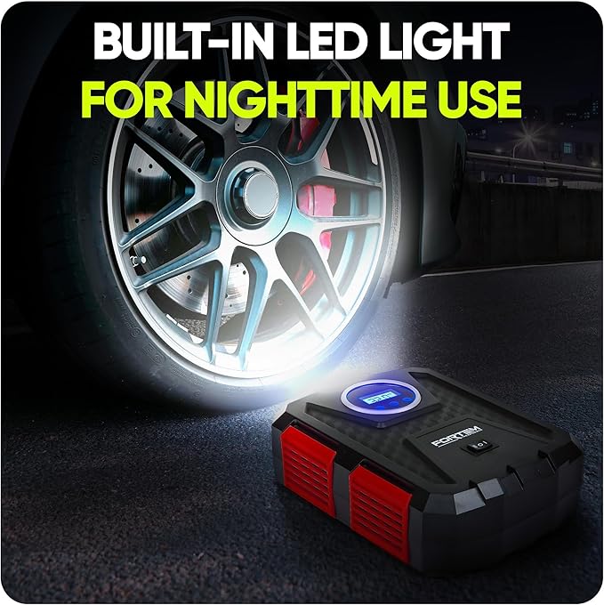 FORTEM Tire Inflator Portable Air Compressor, Air Pump for Car Tires and Bikes, Car Tire Pump w/Auto Shut Off, 150 PSI, 12V DC, LED Light, Carrying Case, for Men, Women