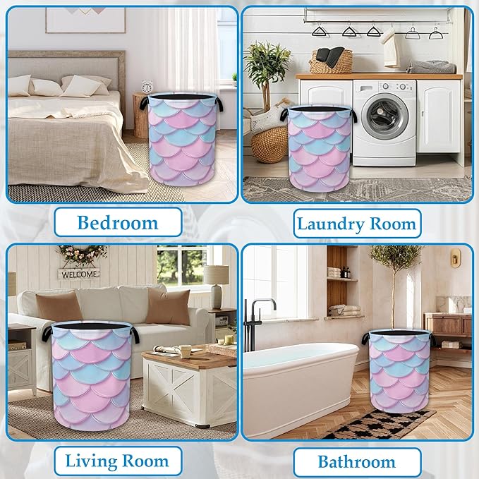 Mermaid Scale Laundry Basket Collapsible Laundry Hamper Oxford Storage Bin for Clothes Storage, Toy Organizer, Books and Sund
