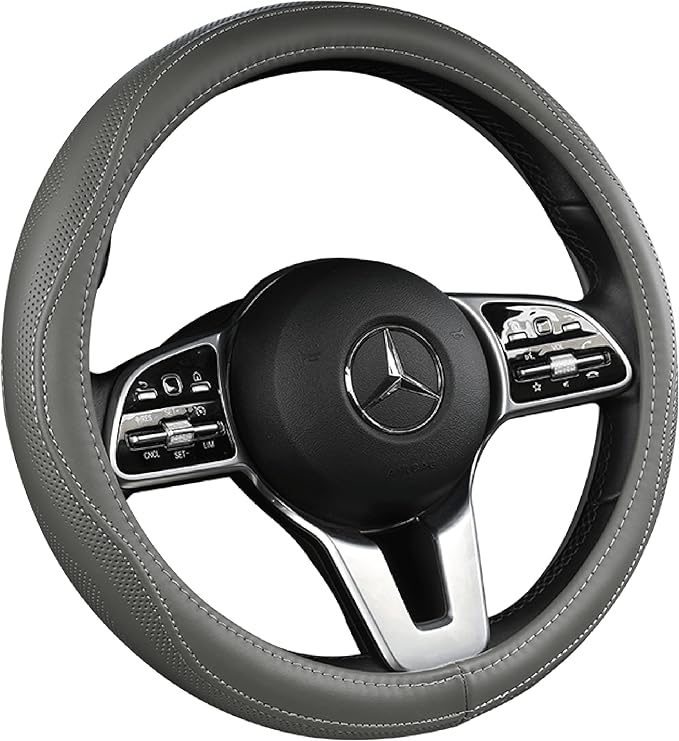 Leather Steering Wheel Cover (Gray, 15 inch) for Men Women